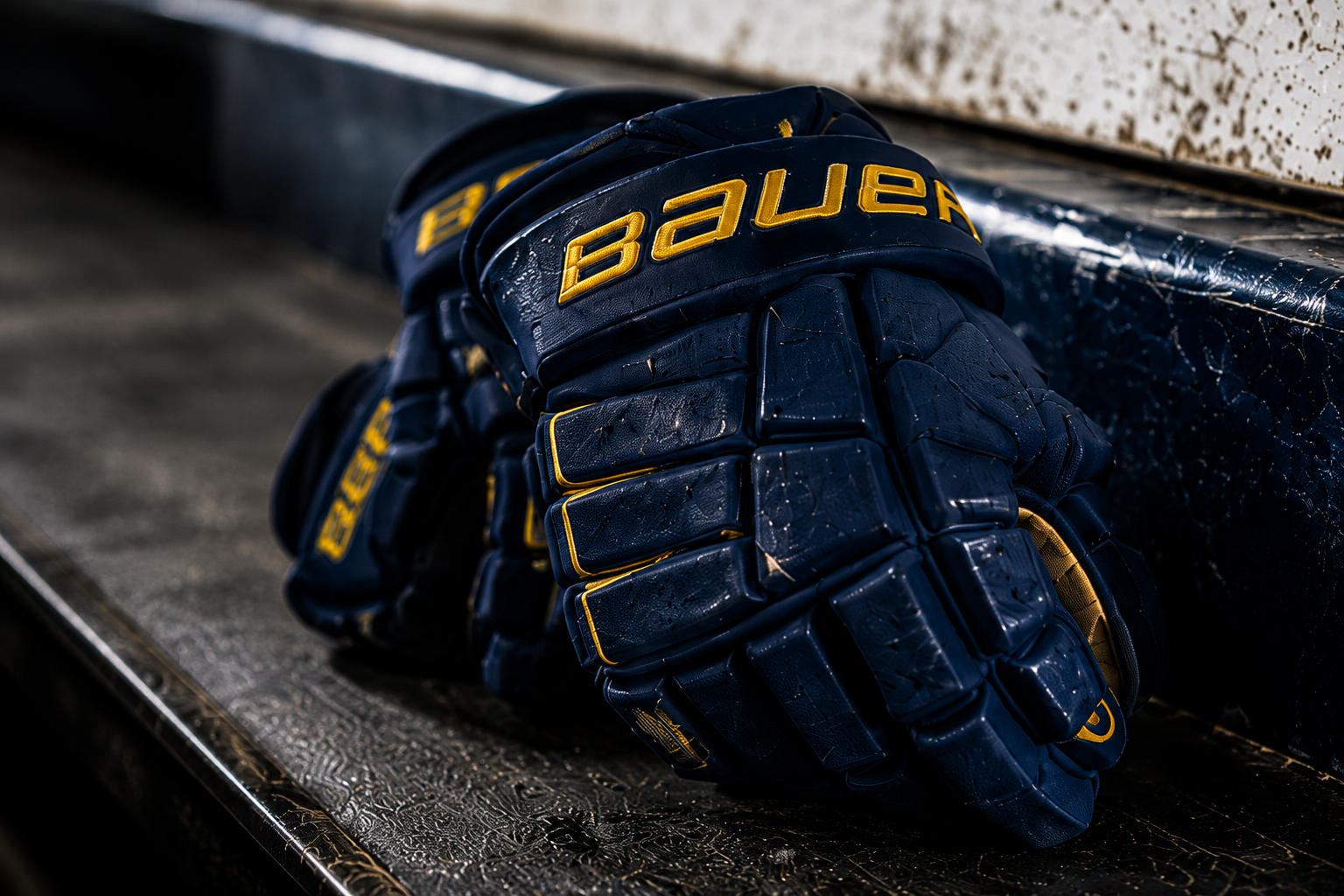 Navy and gold hockey gloves
