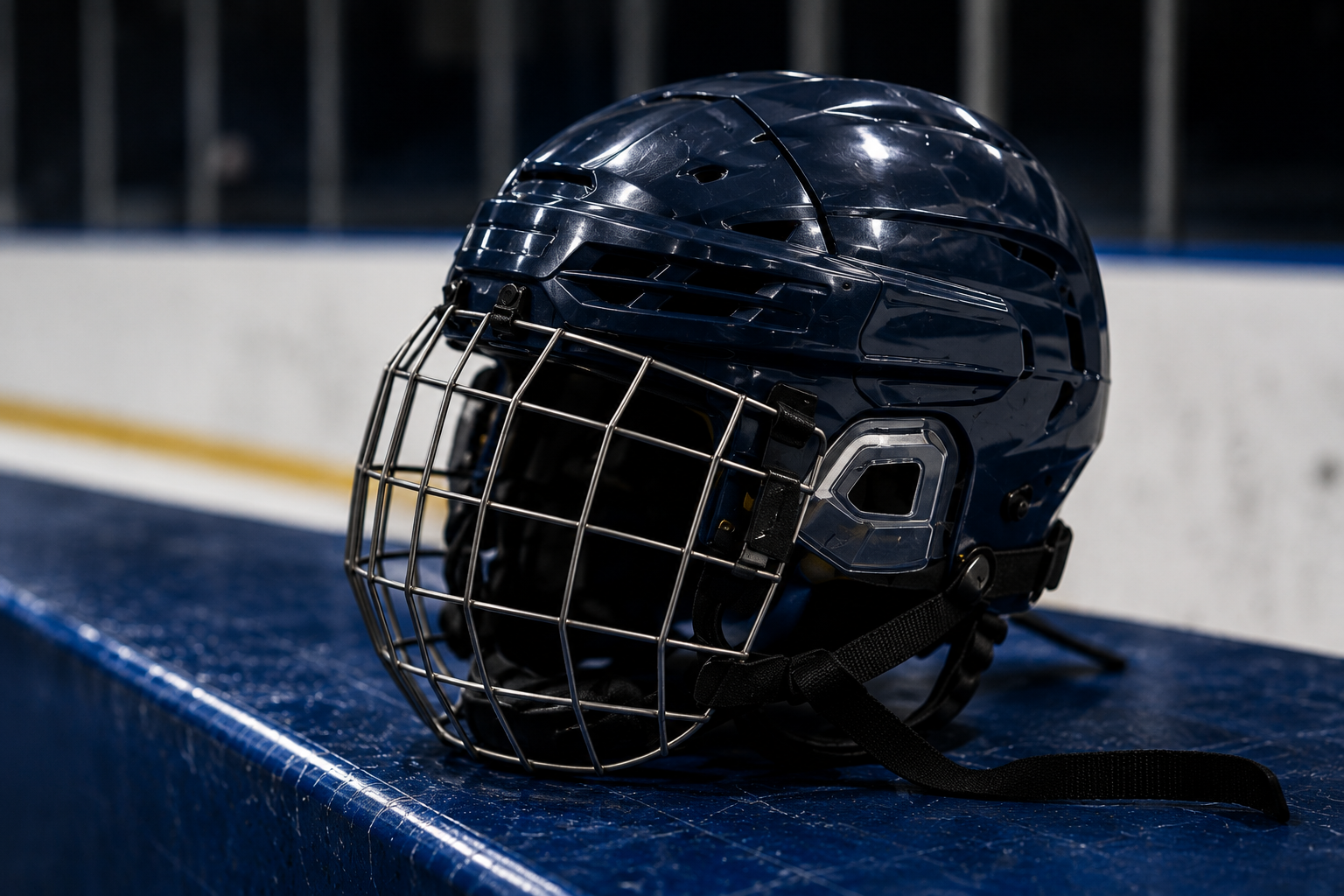Navy hockey helmet on a rink bench