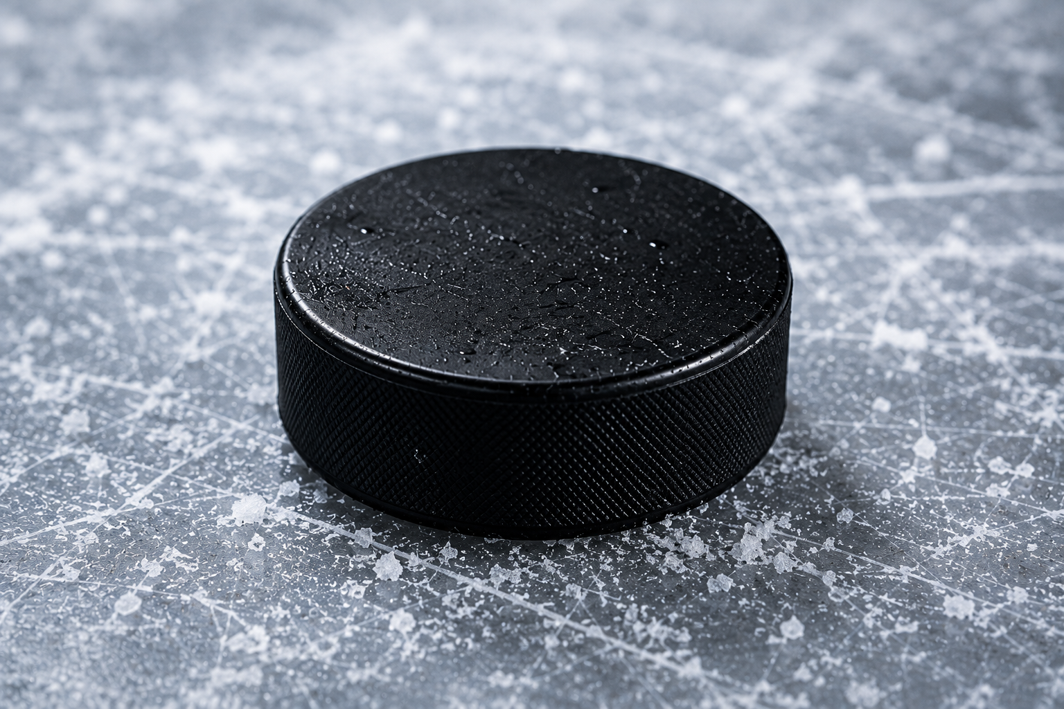 Black hockey puck on scratched ice