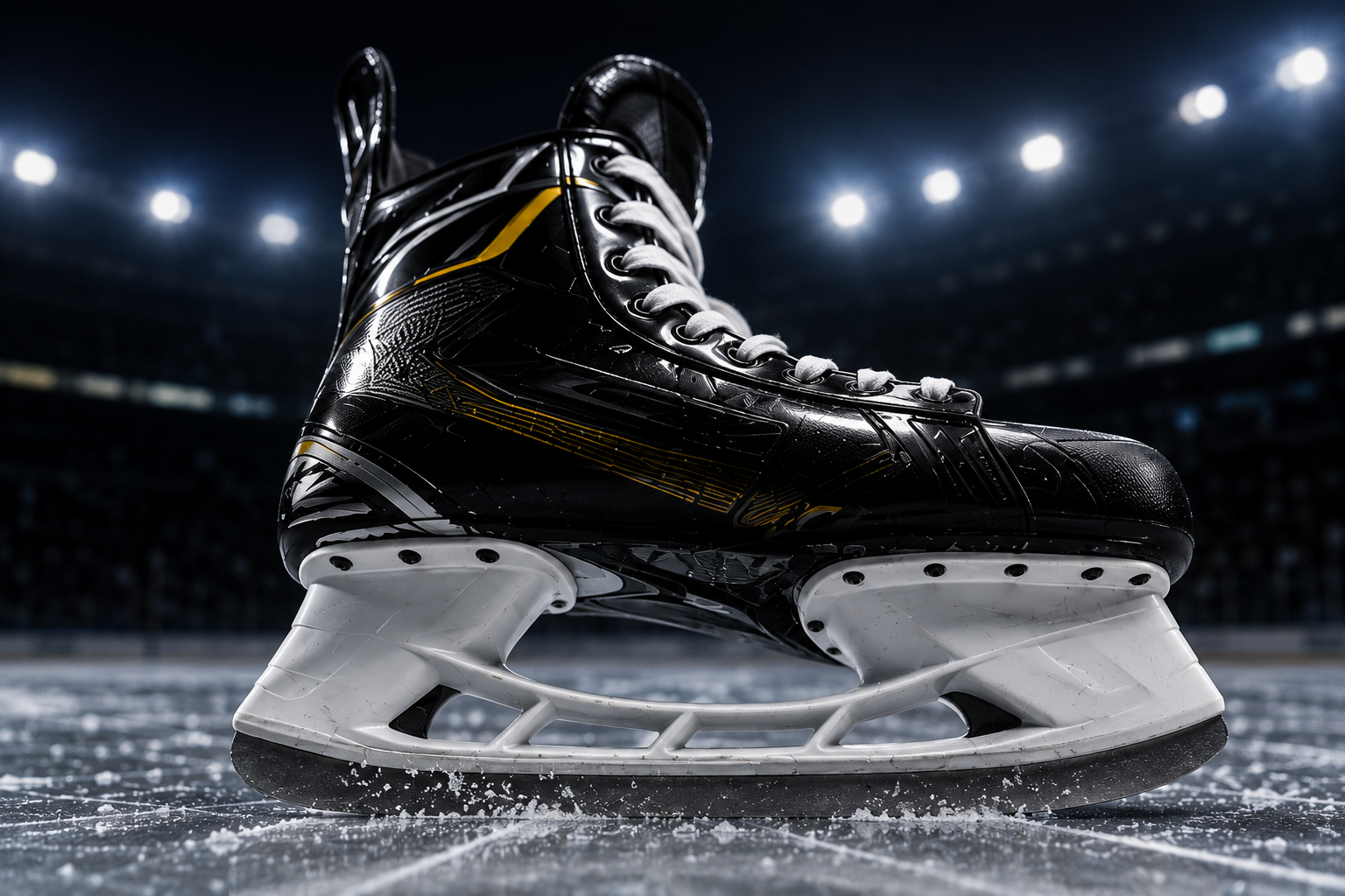 Black hockey skate on the ice under arena lights